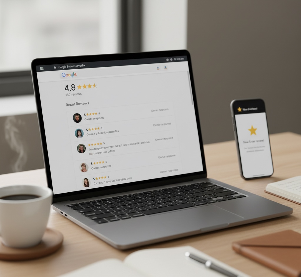 Laptop displaying Google Business Profile with 4.8 star rating, 187 customer reviews, and visible business owner responses, representing trust-building through review volume and engagement.