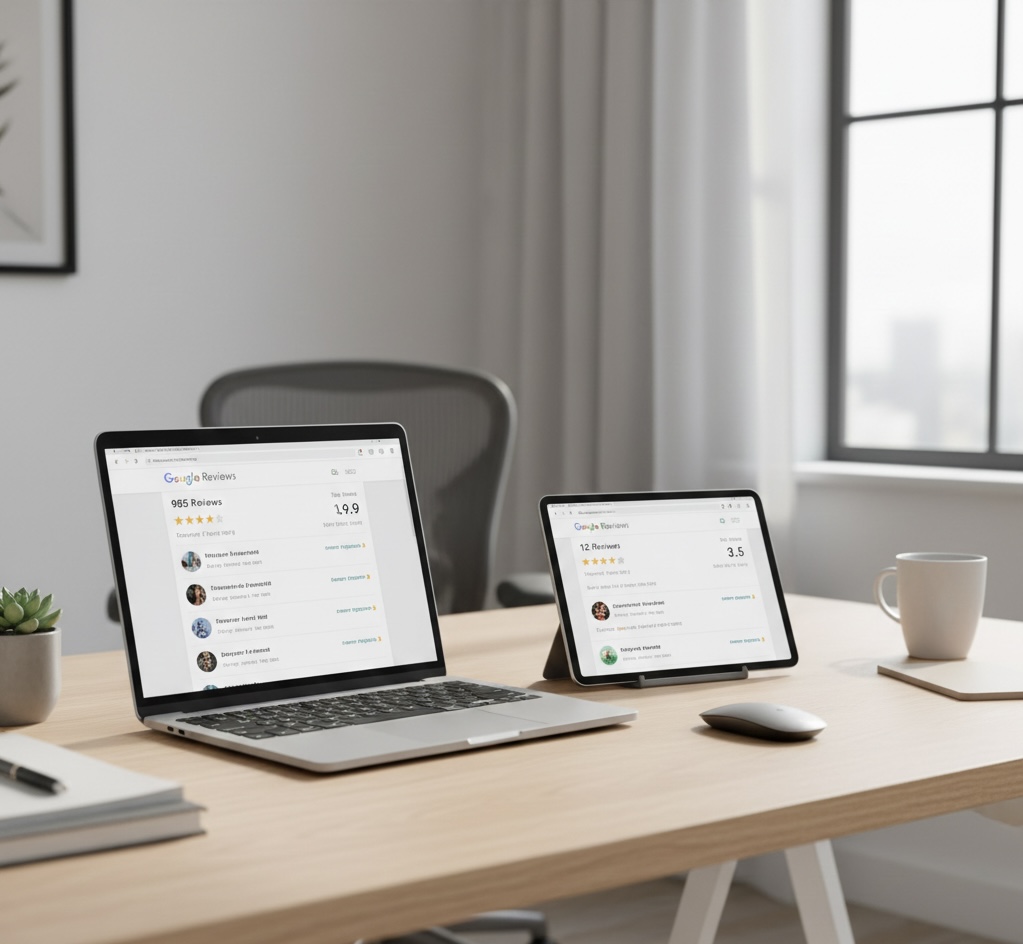 Laptop displaying Google Business Profile with 4.8 rating and over 200 reviews alongside competitor profile with fewer reviews, demonstrating how customers evaluate trust before contacting a business.