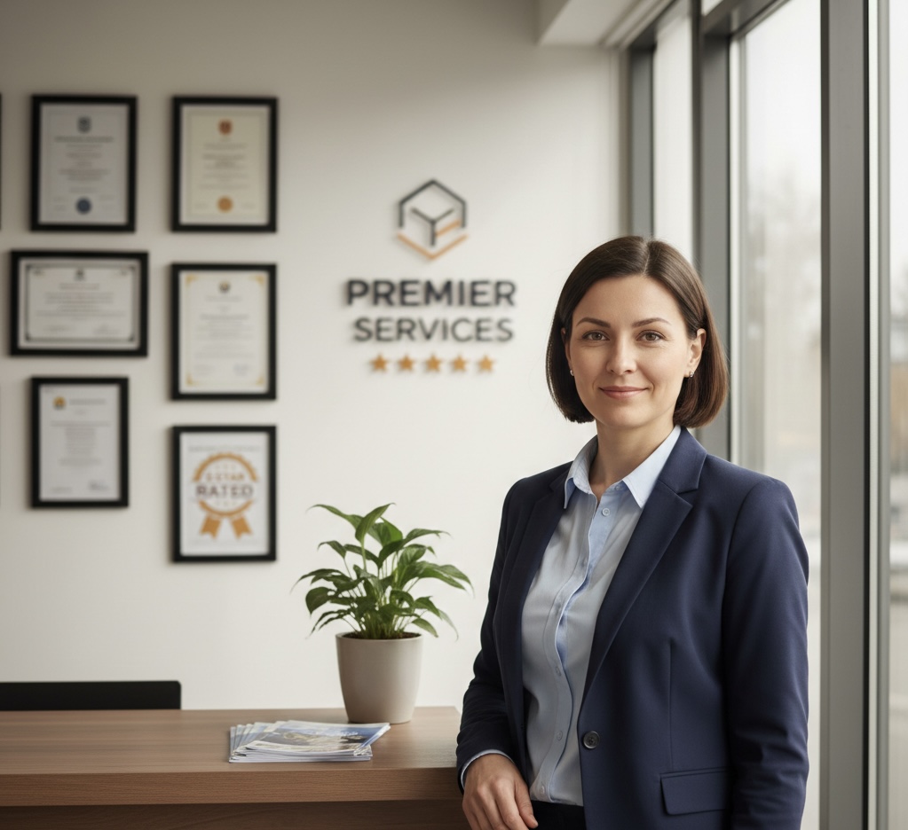 Confident local business owner standing in professional workspace with certifications in background, illustrating psychological authority behind five-star businesses.