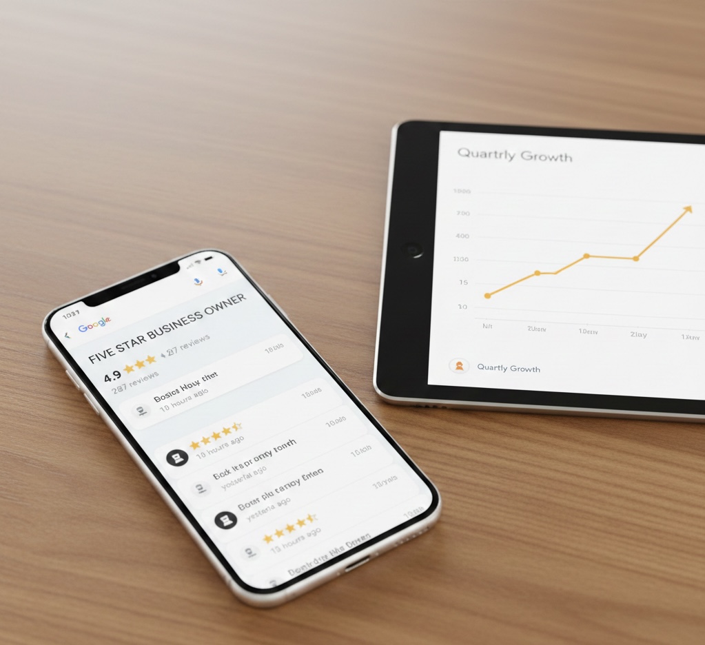 Smartphone displaying Google Business Profile with 4.9 rating and hundreds of recent reviews beside tablet showing upward analytics trend, representing psychological trust triggers in business.