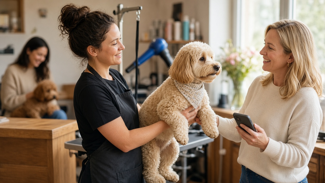 A groomer at a busy salon hands a freshly groomed fluffy doodle to its smiling owner while another client waits with a dog in the background.