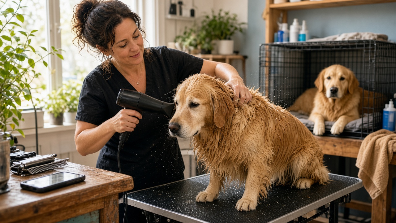 A groomer blow-dries a wet golden retriever on a grooming table while her phone sits untouched on the counter and another dog waits in a crate.