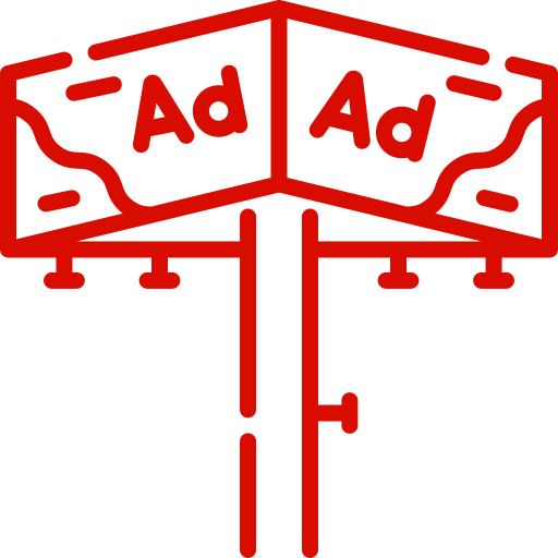 Red outline icon of a double-sided billboard with 'Ad' text on each side.