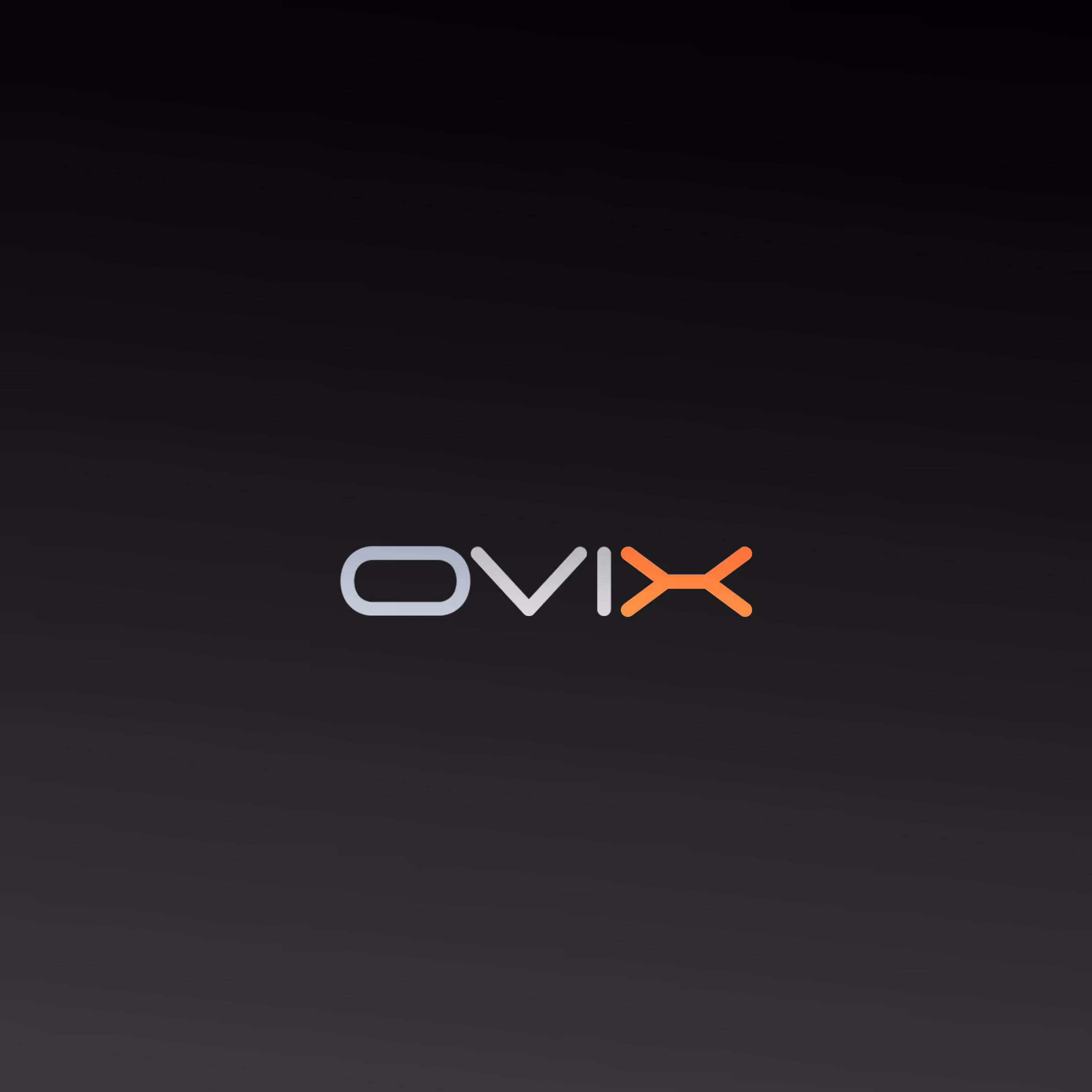 OVIX logo with grey letters OV and orange stylized X on black gradient background.