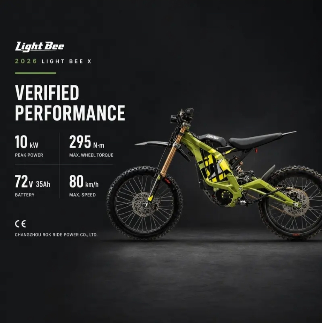 Side view of a green and black Light Bee 2026 Light Bee X electric off-road motorcycle against a dark background with verified performance specifications: 10 kW peak power, 295 N·m max wheel torque, 72 V 35 Ah battery, and 80 km/h max speed.