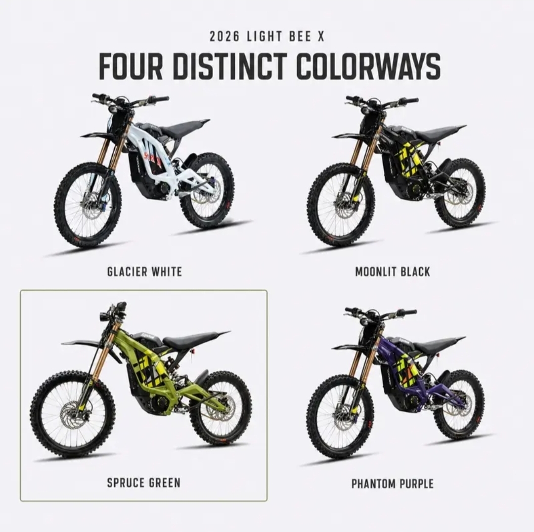 2026 Light Bee X electric dirt bikes shown in four distinct colorways: Glacier White, Moonlit Black with yellow accents, Spruce Green with black checkered design, and Phantom Purple with yellow checkered design.