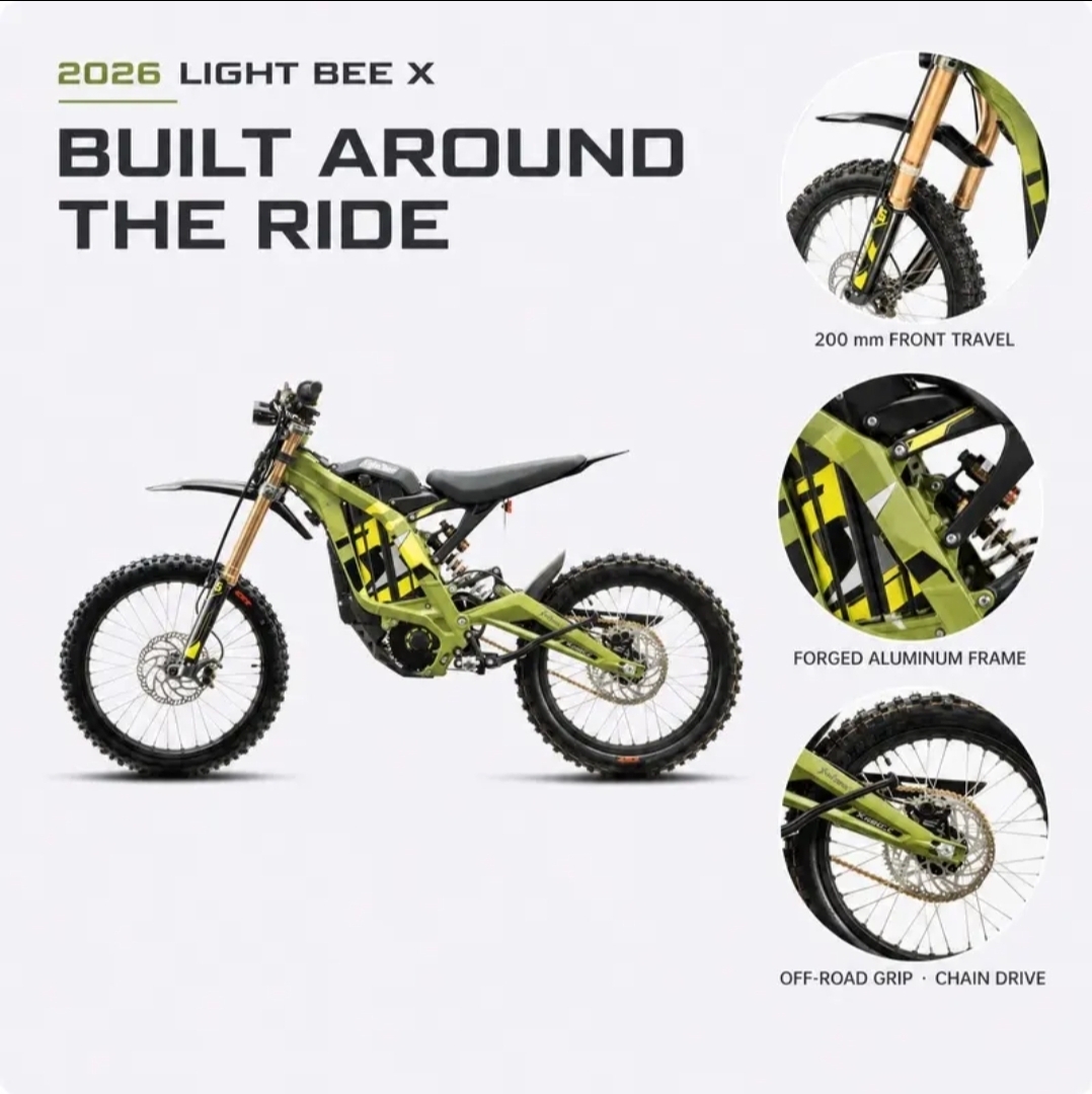 Side view of a green 2026 Light Bee X electric dirt bike with dirt tires, suspension, and a seat. Three close-up insets show the 200 mm front suspension travel, the forged aluminum frame, and the off-road grip tire with chain drive.