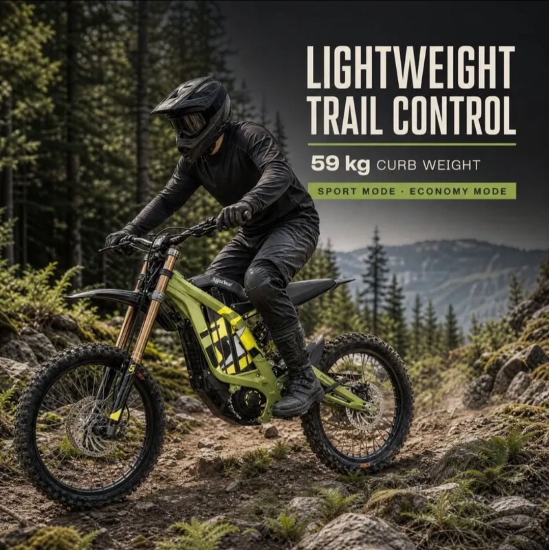 Person wearing black protective gear and helmet riding a green off-road electric bike on a rocky forest trail with mountains in the background, accompanied by text highlighting lightweight trail control with 59 kg curb weight and sport and economy modes.