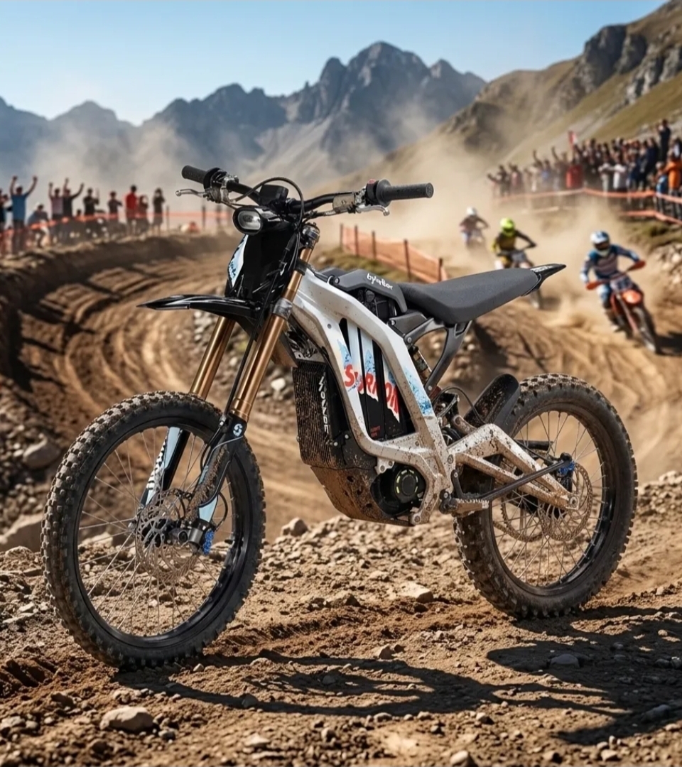 Close-up of a muddy white and black electric dirt bike standing on a rocky dirt track with racers riding in the background and spectators cheering near mountainous terrain.