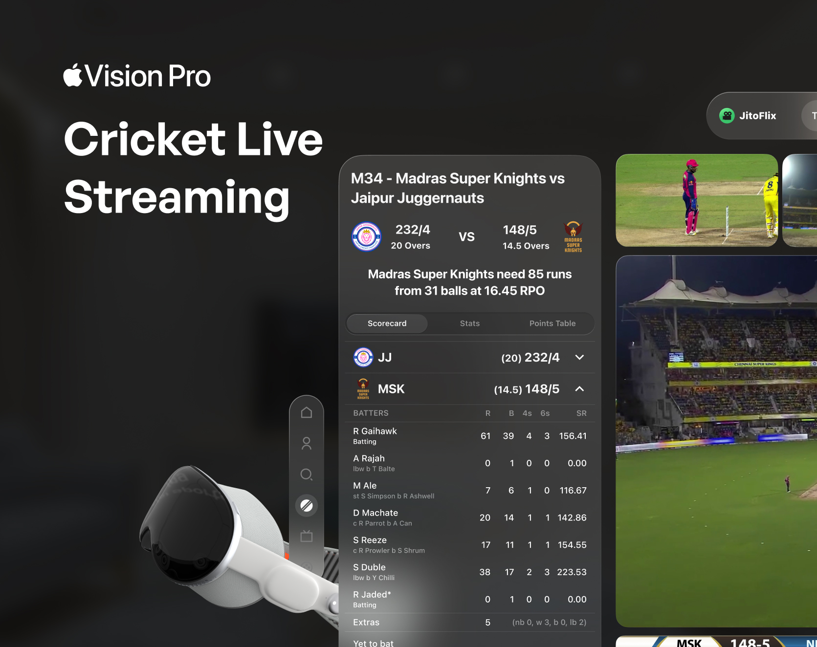 Cricket Live Streaming UI for Apple Vision Pro