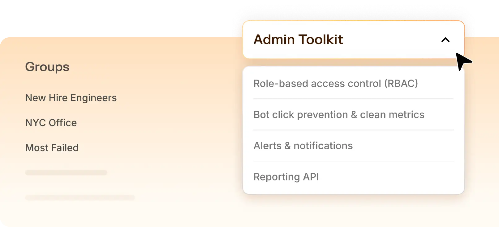 Dropdown menu titled Admin Toolkit showing options: Role-based access control, Bot click prevention & clean metrics, Alerts & notifications, Reporting API; sidebar lists groups New Hire Engineers, NYC Office, Most Failed.