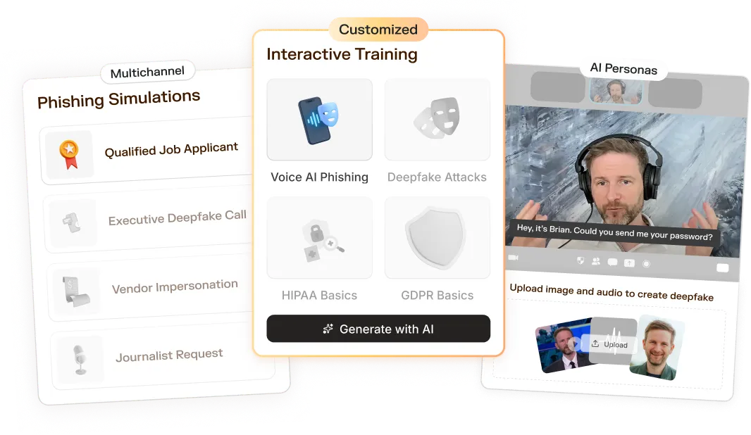 User interface showing phishing simulations options, interactive training modules including voice AI phishing, and AI personas for creating deepfake videos by uploading image and audio.