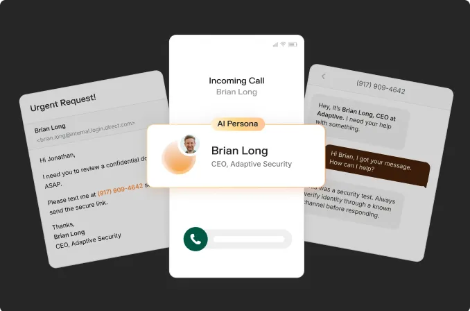 Mockup displays an AI Persona for Brian Long, CEO of Adaptive Security, shown via an incoming call screen, email request about a confidential document, and a text message conversation warning about security verification.