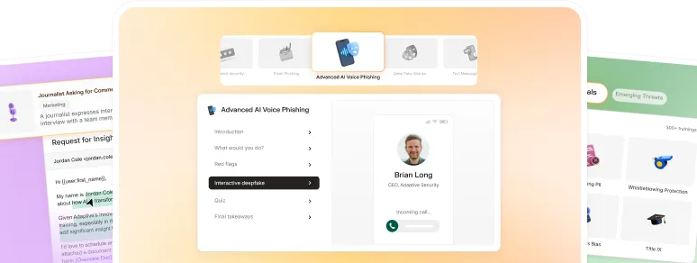 User interface screen showing an 'Advanced AI Voice Phishing' interactive training with a call screen displaying Brian Long, CEO of Adaptive Security.