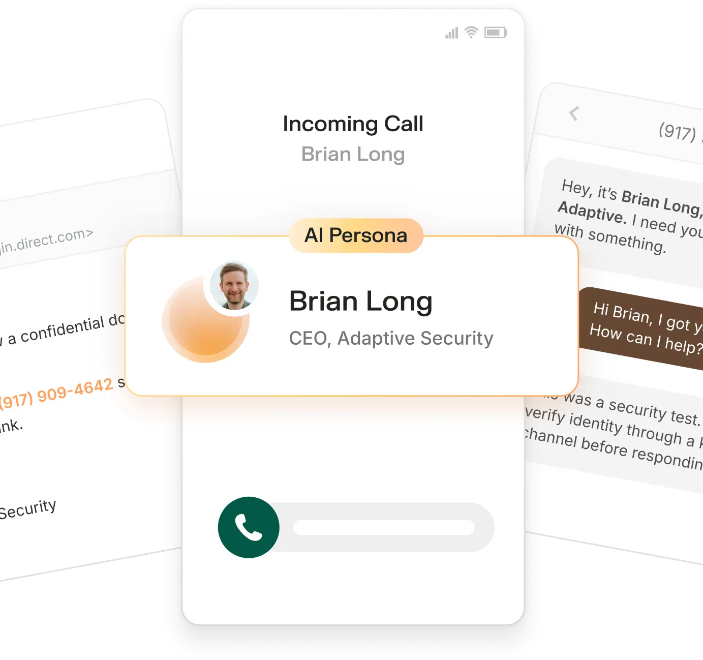 Smartphone screen showing an incoming call from Brian Long, CEO of Adaptive Security, with AI Persona pop-up and partially visible related emails and messages.