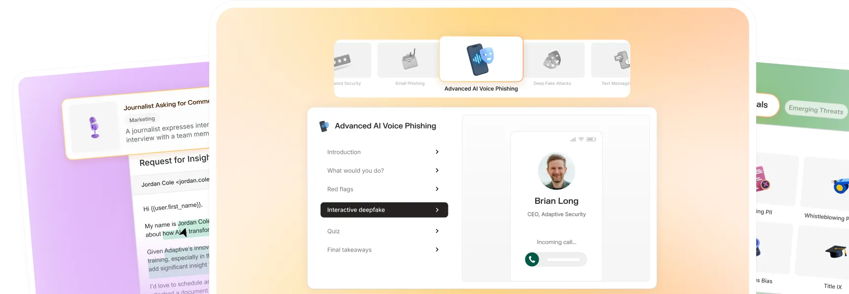 User interface showing a simulated phone call by Brian Long, CEO of Adaptive Security, as part of an Advanced AI Voice Phishing lesson with menu options including Introduction, Red Flags, and Interactive deepfake.
