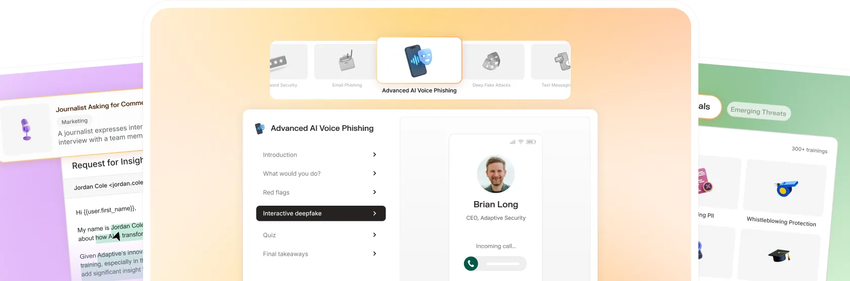 User interface showing menu for Advanced AI Voice Phishing training with sections like Introduction, Red flags, and Interactive deepfake, alongside an incoming call screen for Brian Long, CEO of Adaptive Security.