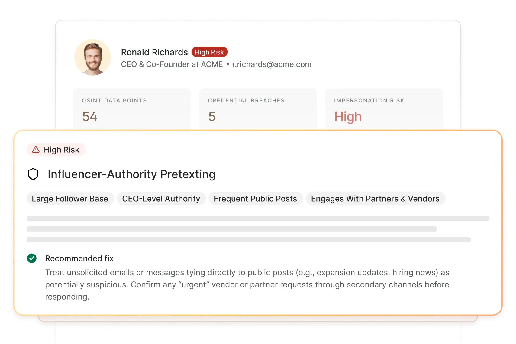Profile card of Ronald Richards, CEO & Co-Founder at ACME, marked as high risk with 54 OSINT data points, 5 credential breaches, and high impersonation risk; details about influencer-authority pretexting and a recommended fix advising to treat unsolicited emails tied to public posts as suspicious and confirm urgent requests through secondary channels.