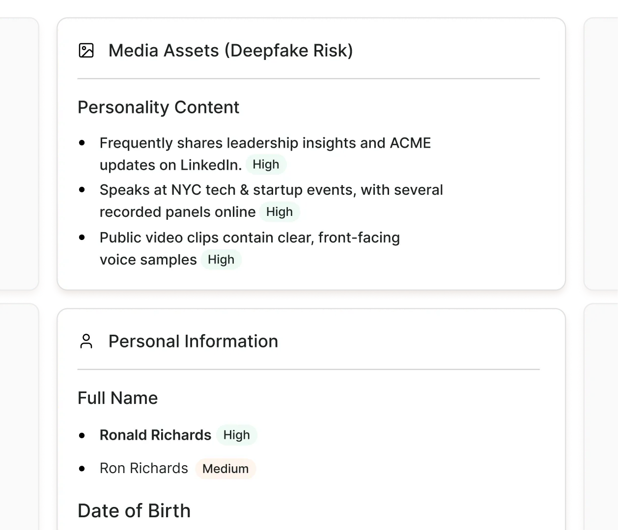 Screen showing media assets deepfake risk report highlighting high risk for leadership content sharing, event speaking, and public video voice samples; personal information listing Ronald Richards as high risk and Ron Richards as medium risk.