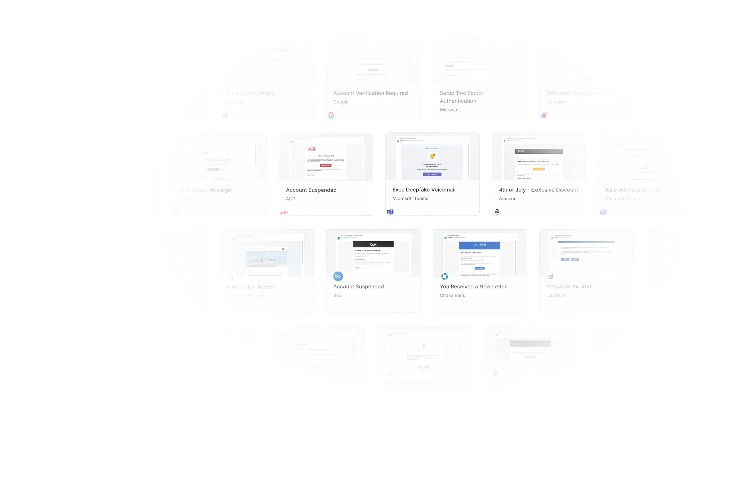 Grid of 15 email phishing scam examples with titles like 'Data Compromised,' 'Account Verification Required,' 'Setup Two Factor Authentication,' and '4th of July - Exclusive Discount' from various companies.