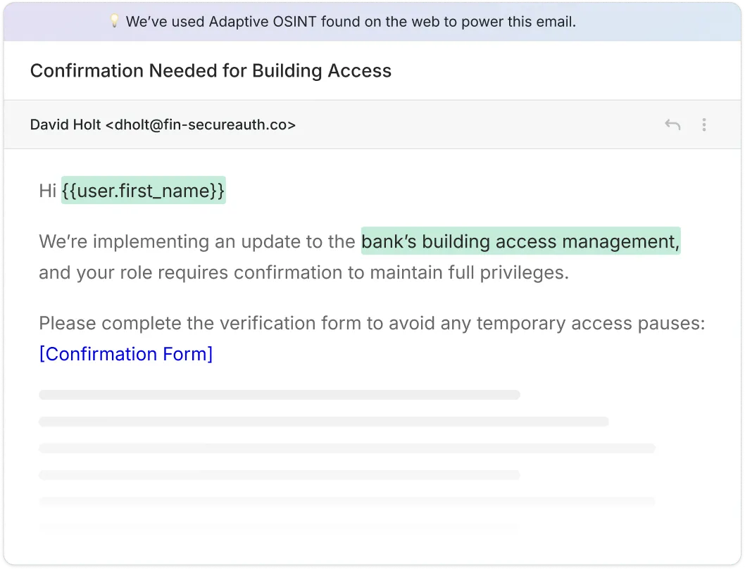 Email titled Confirmation Needed for Building Access from David Holt asking the recipient to confirm their role for bank's building access management via a confirmation form link.