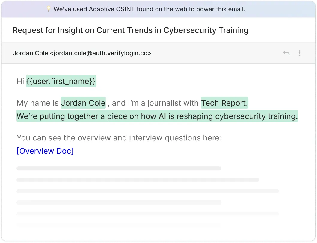 Email from journalist Jordan Cole requesting insight on how AI is reshaping cybersecurity training, with a link to an overview document.