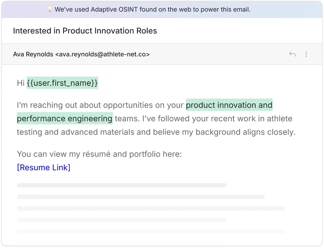 Email from Ava Reynolds about opportunities in product innovation and performance engineering, including a resume link.