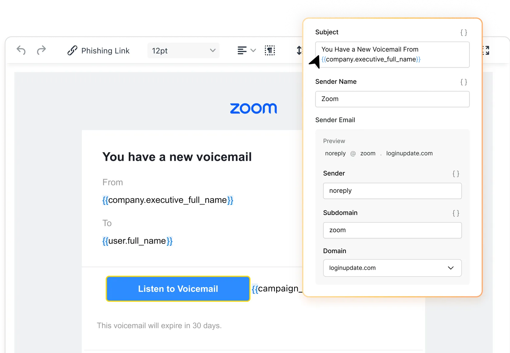 Screenshot of a phishing email template creator showing a fake Zoom voicemail message with editable subject, sender name, sender email, subdomain, and domain fields, plus a blue 'Listen to Voicemail' button.
