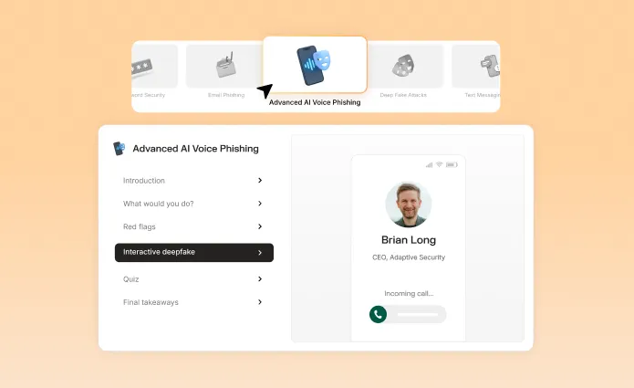 Interactive learning module on advanced AI voice phishing with a simulated incoming call from Brian Long, CEO of Adaptive Security.