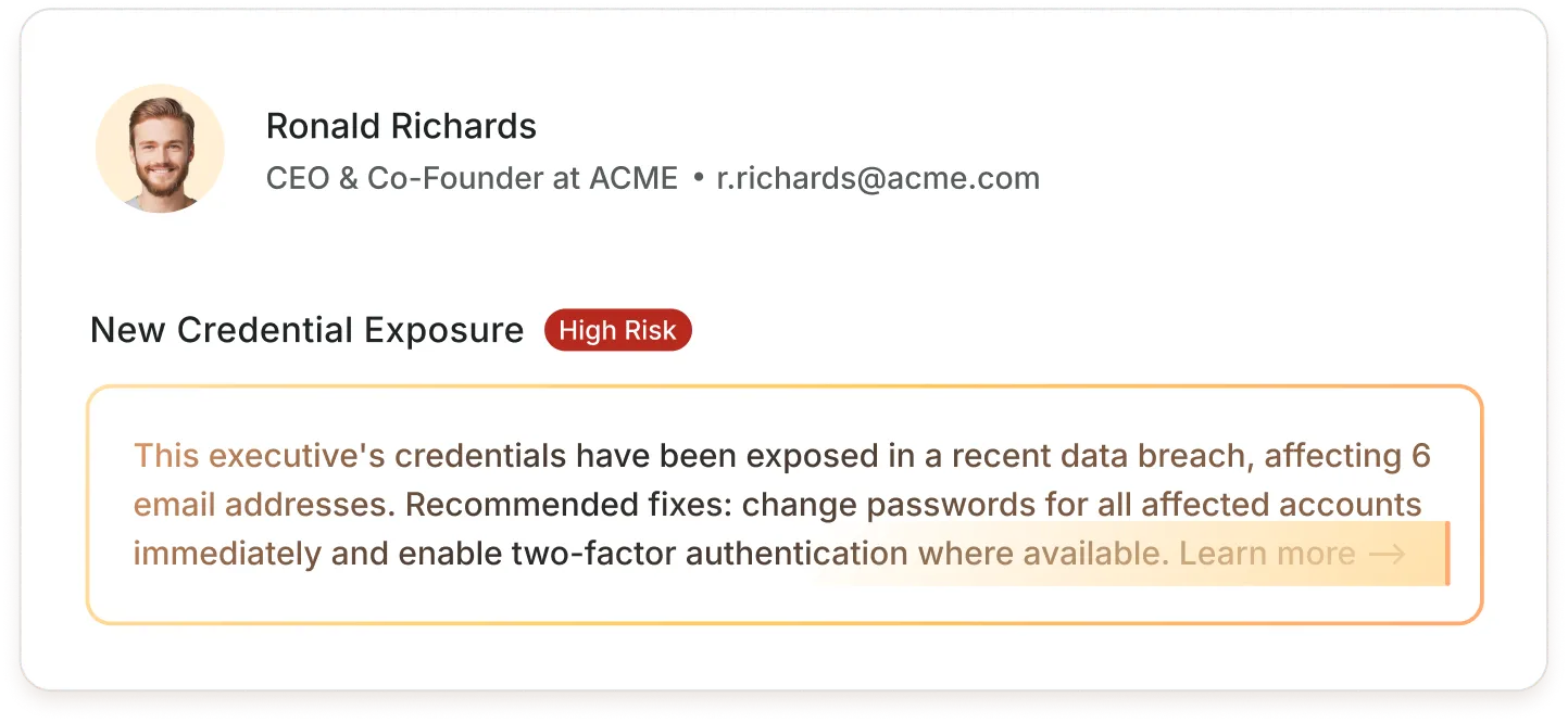 Profile of Ronald Richards, CEO & Co-Founder at ACME, with alert about high risk new credential exposure affecting 6 email addresses and recommended security fixes.