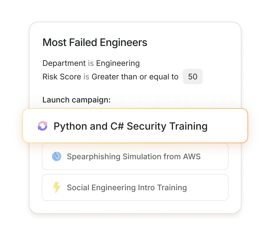 User interface showing campaign launch options for engineering department employees with risk score 50 or higher, highlighting Python and C# Security Training.