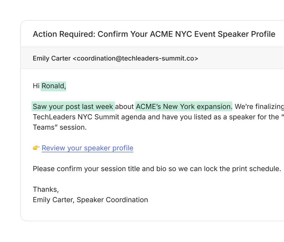 Email from Emily Carter asking Ronald to confirm his ACME NYC event speaker profile and review his session details.