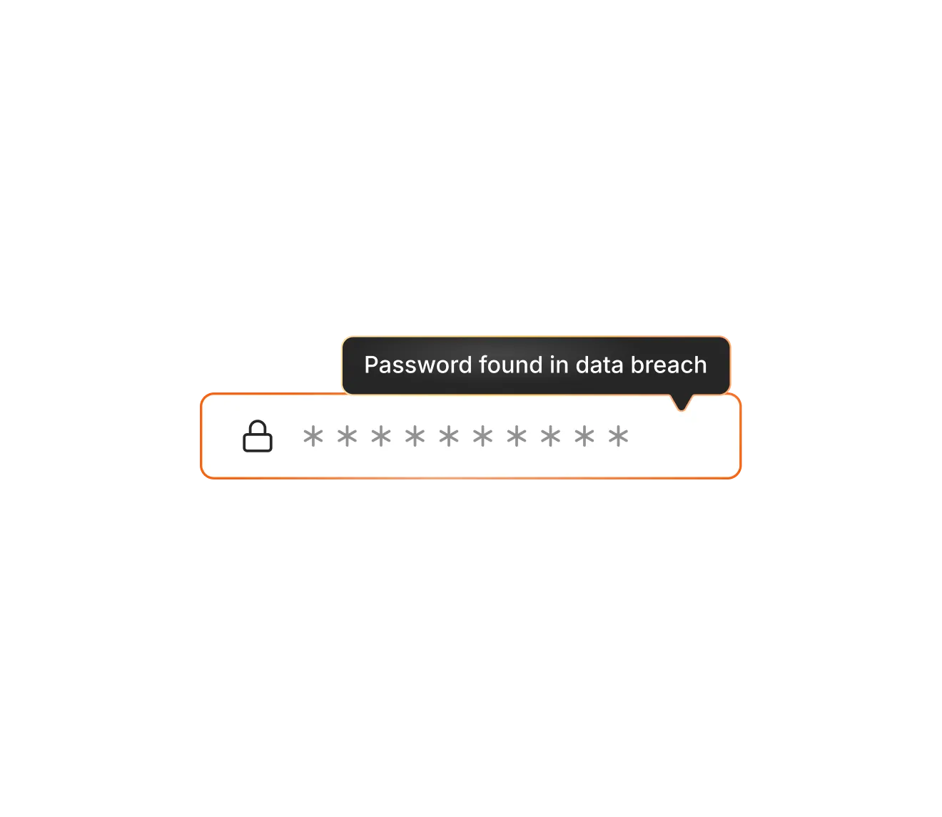 Password input field with a lock icon and a warning message reading 'Password found in data breach'.