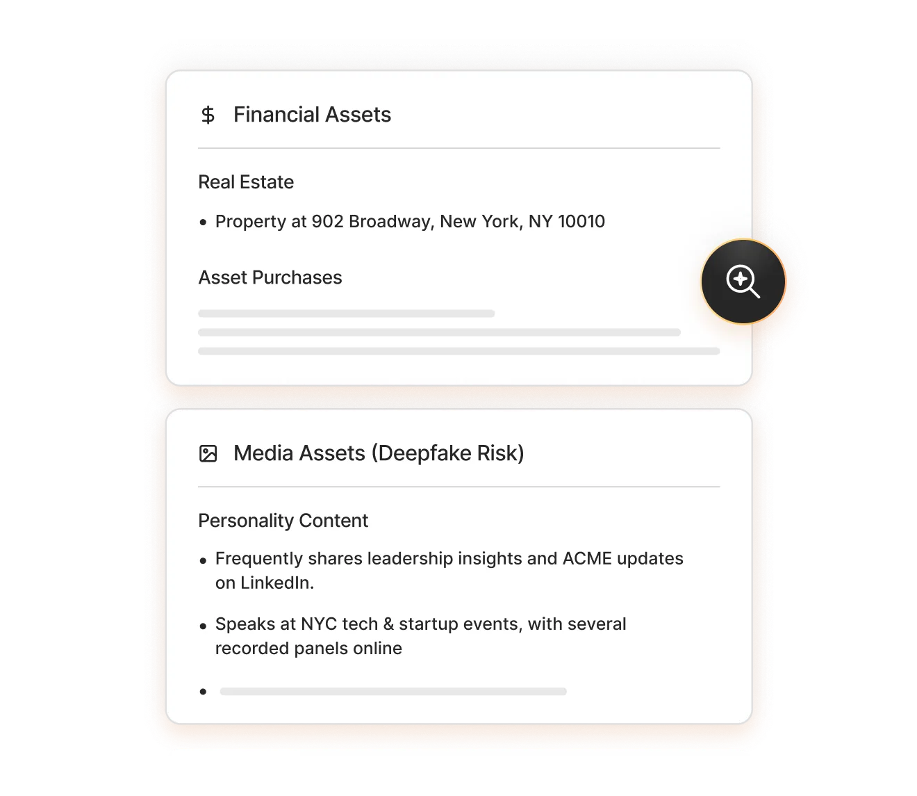 Two information cards: the first titled Financial Assets listing a property at 902 Broadway, New York; the second titled Media Assets (Deepfake Risk) detailing personality content including leadership insight sharing on LinkedIn and speaking at NYC tech events.