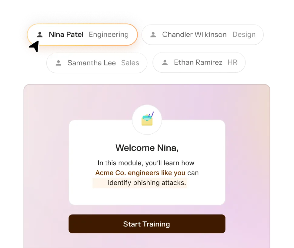 Training module interface highlighting Nina Patel from Engineering, welcoming Nina to learn how Acme Co. engineers identify phishing attacks with a Start Training button.