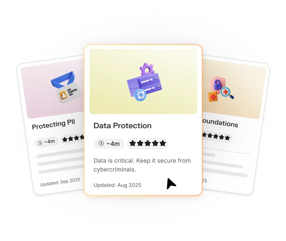 Three overlapping digital cards titled Data Protection, Protecting PII, and Foundations with icons and brief descriptions about cybersecurity and data safety.