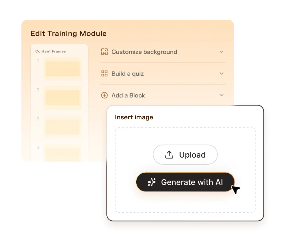 Interface for editing a training module showing options to customize background, build a quiz, add blocks, and insert an image via upload or AI generation.