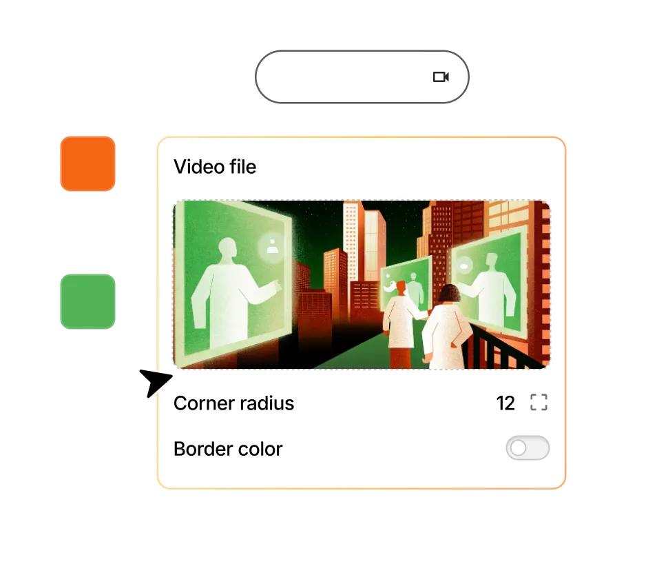 User interface showing video file with an illustration of two people in lab coats interacting with large green digital screens in a cityscape, with options for corner radius set to 12 and border color toggle switched off.