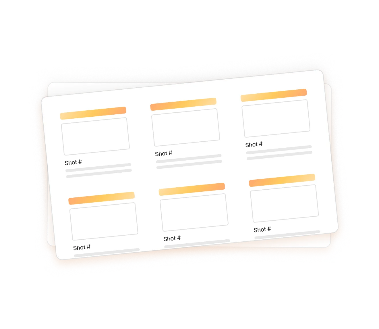 Illustration of two stacked storyboard sheets with empty shot frames labeled 'Shot #' and orange headers.