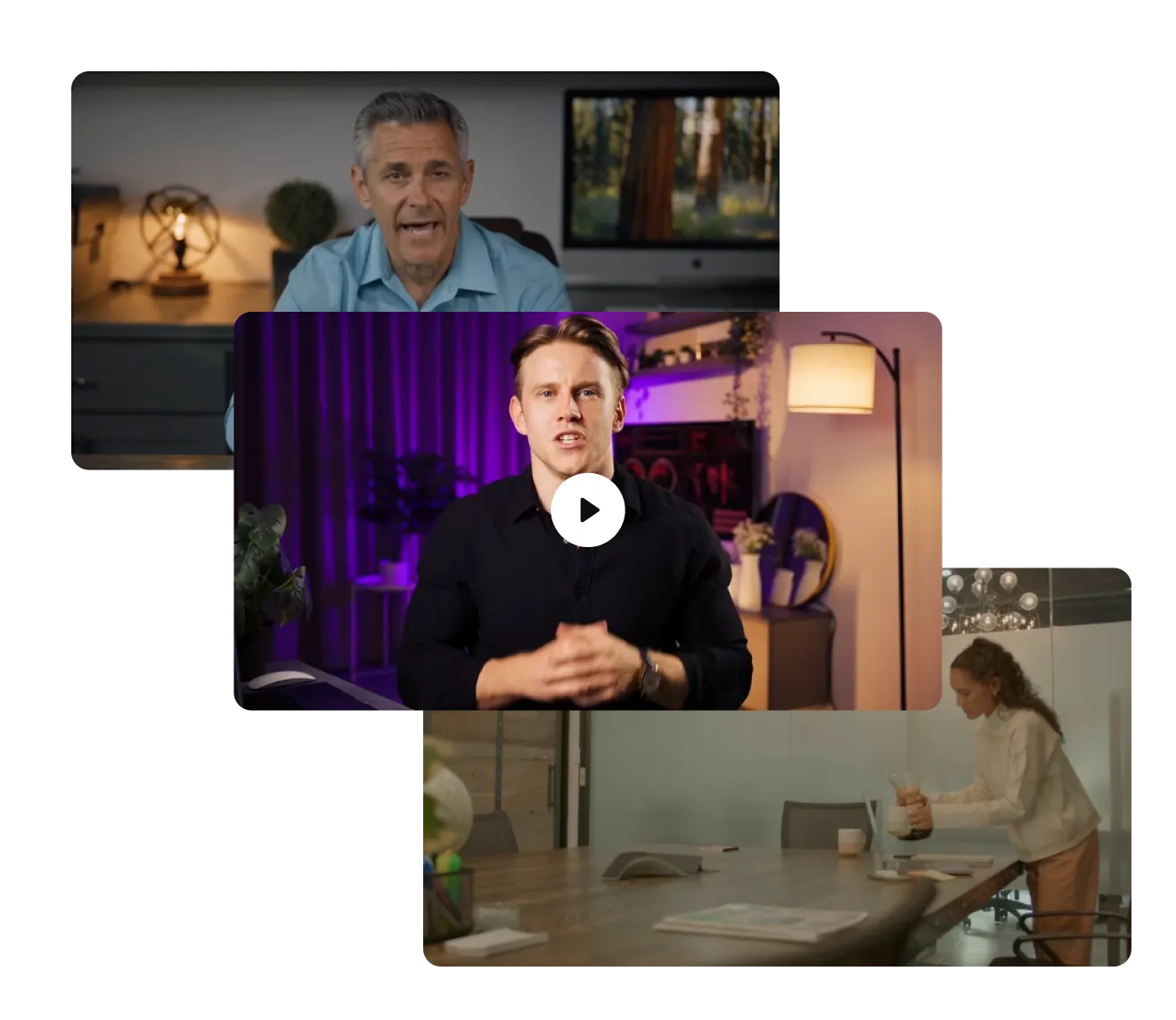 Collage of three video call frames showing a man speaking in a blue shirt, a man in a black shirt with purple lighting, and a woman preparing coffee in a meeting room.