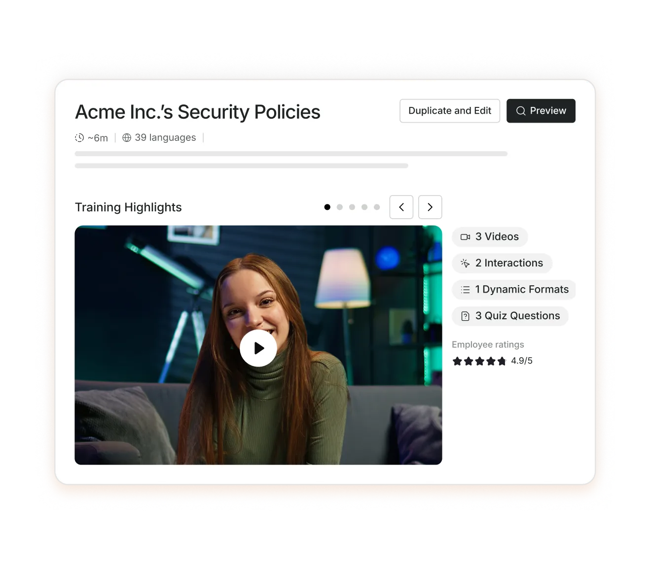 Website page titled Acme Inc.’s Security Policies showing a video thumbnail of a smiling woman indoors, with details about 3 videos, 2 interactions, 1 dynamic format, and 3 quiz questions alongside a 4.9/5 employee rating.