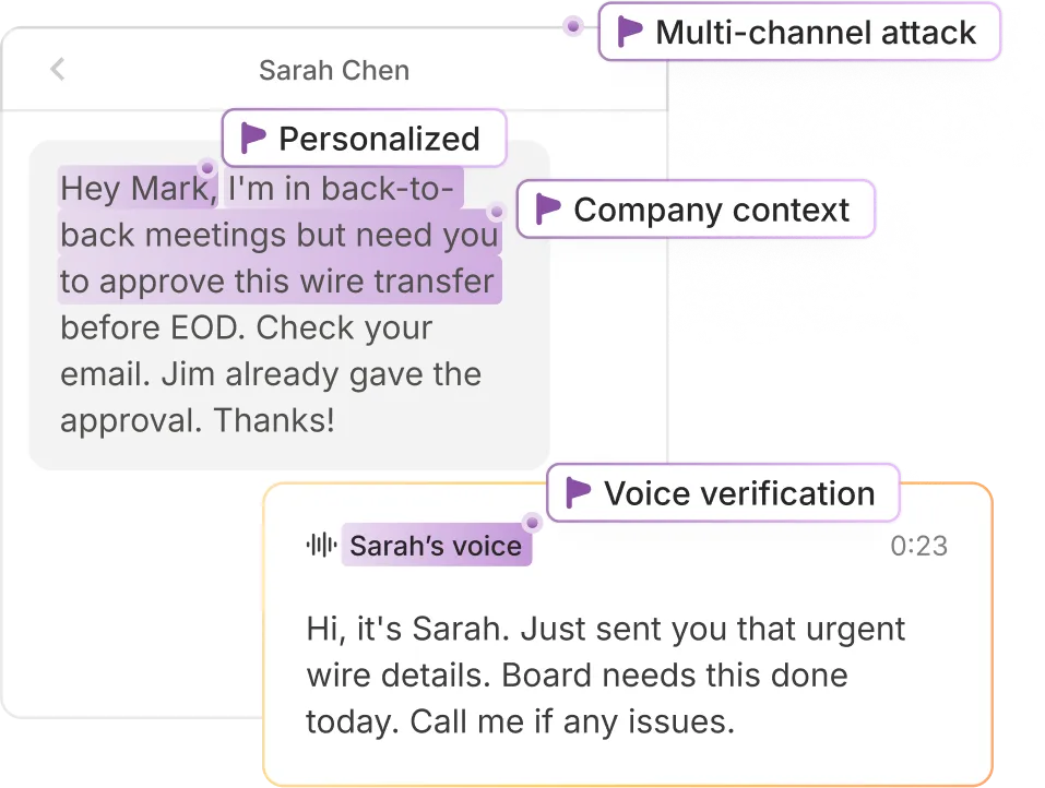 Screenshot of a phishing multi-channel attack example showing a personalized message from Sarah Chen requesting wire transfer approval and a voice verification message confirming urgent wire details.