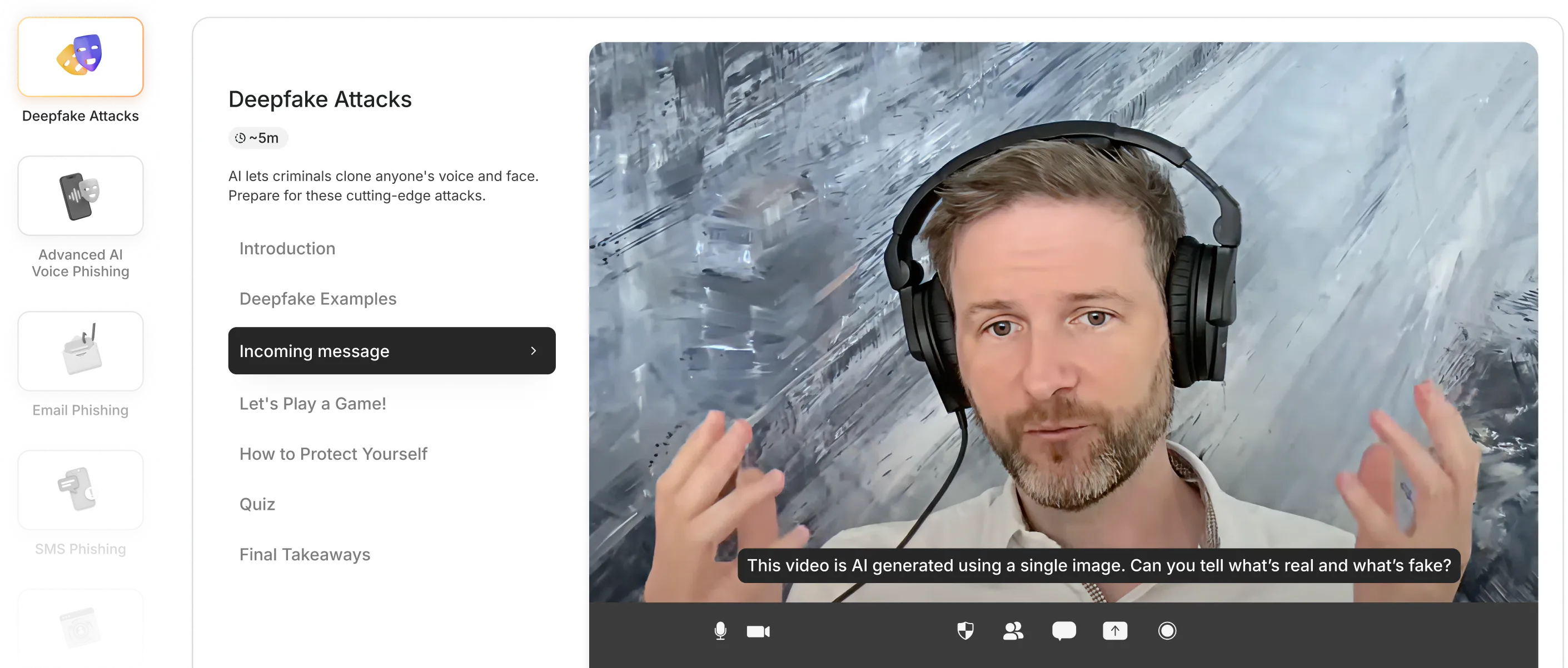 Man with headset speaking in a video about deepfake attacks, with text describing AI cloning voices and faces.