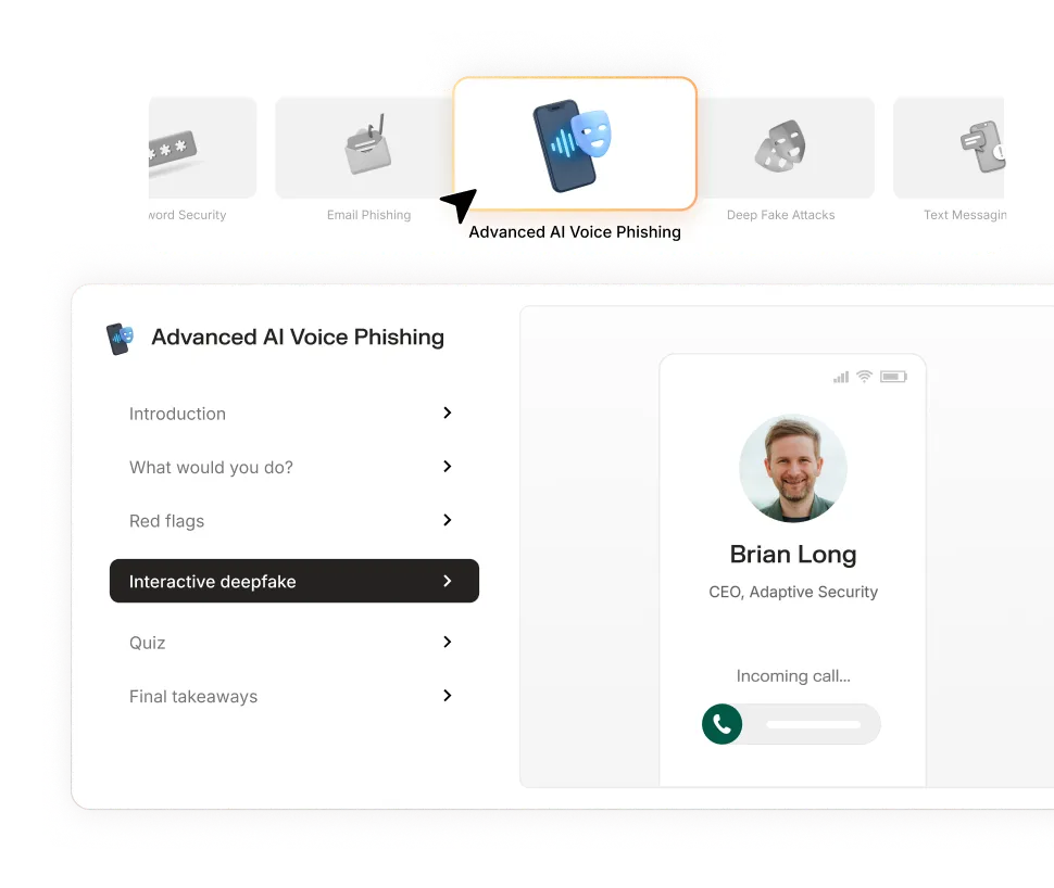 Website interface showing 'Advanced AI Voice Phishing' module with menu options and a simulated incoming call from Brian Long, CEO of Adaptive Security.