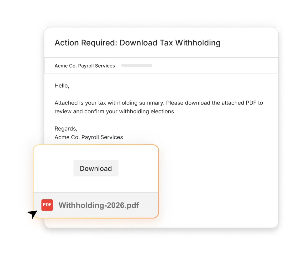 Email from Acme Co. Payroll Services requesting to download attached PDF titled Withholding-2026.pdf for tax withholding summary review.