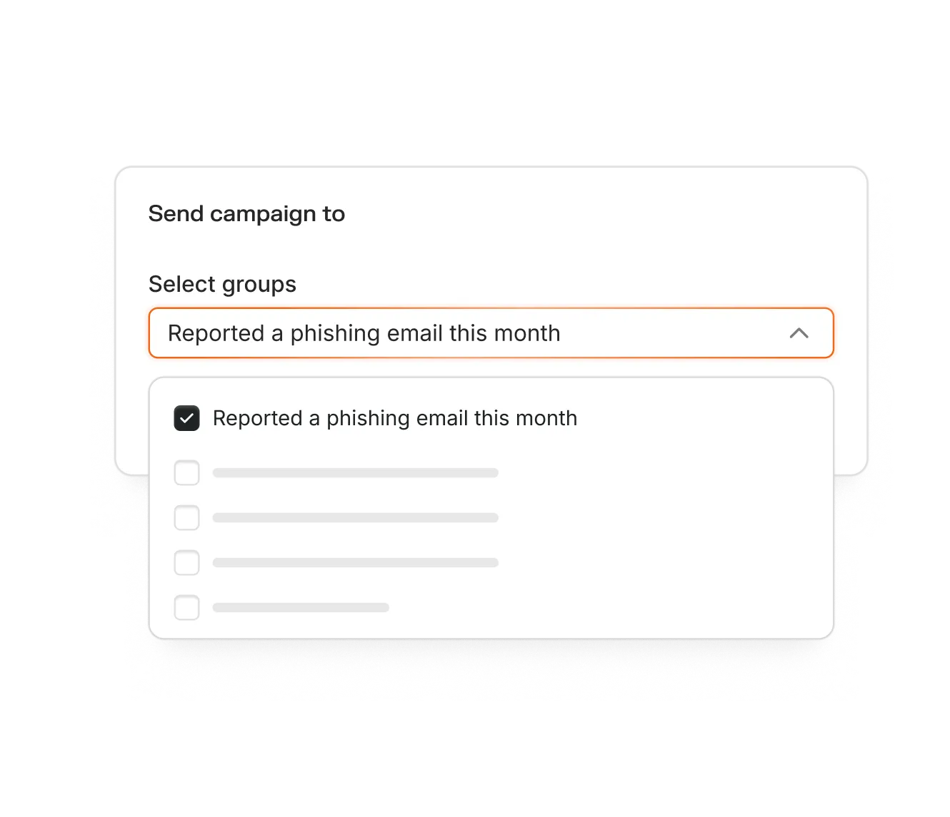 Dropdown menu labeled 'Send campaign to' with 'Reported a phishing email this month' selected from the groups list.