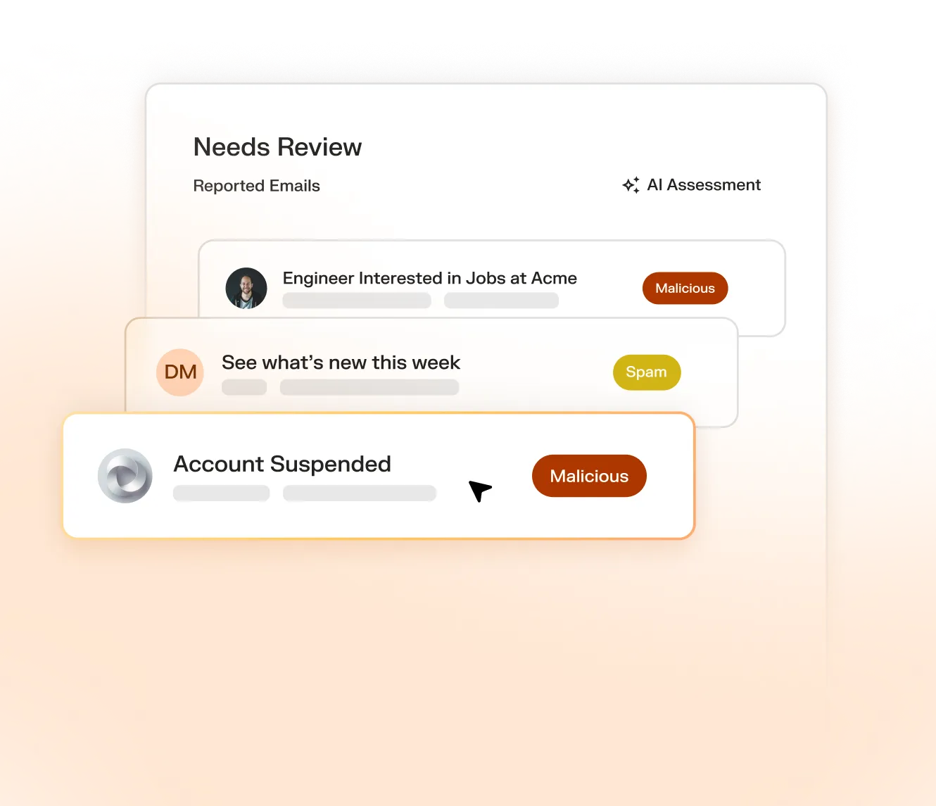 Dashboard showing flagged emails needing review labeled as Malicious or Spam with AI assessment.