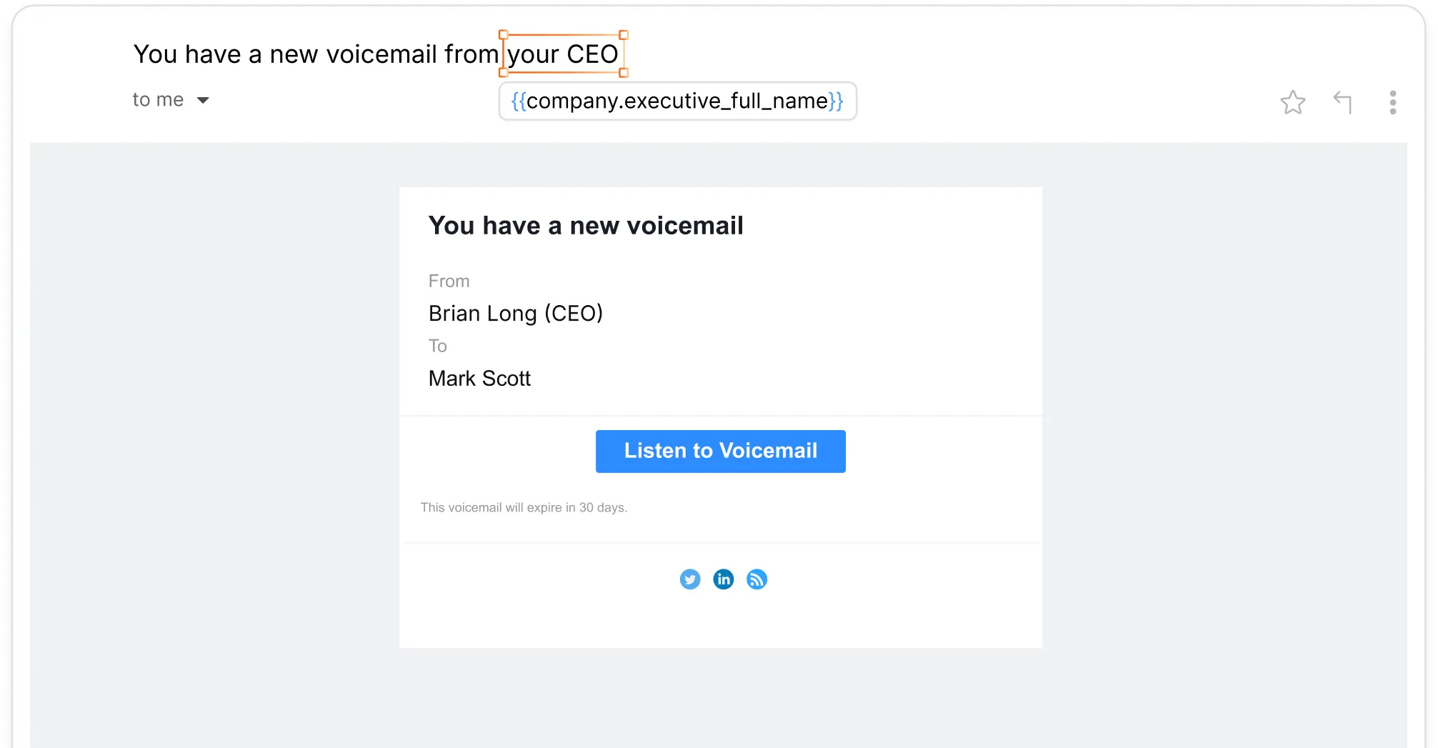 Email notification showing a new voicemail from Brian Long (CEO) to Mark Scott with a blue button labeled Listen to Voicemail.