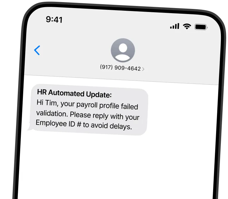 Smartphone screen showing a text message from HR Automated Update stating that Tim's payroll profile failed validation and requesting employee ID number to avoid delays.