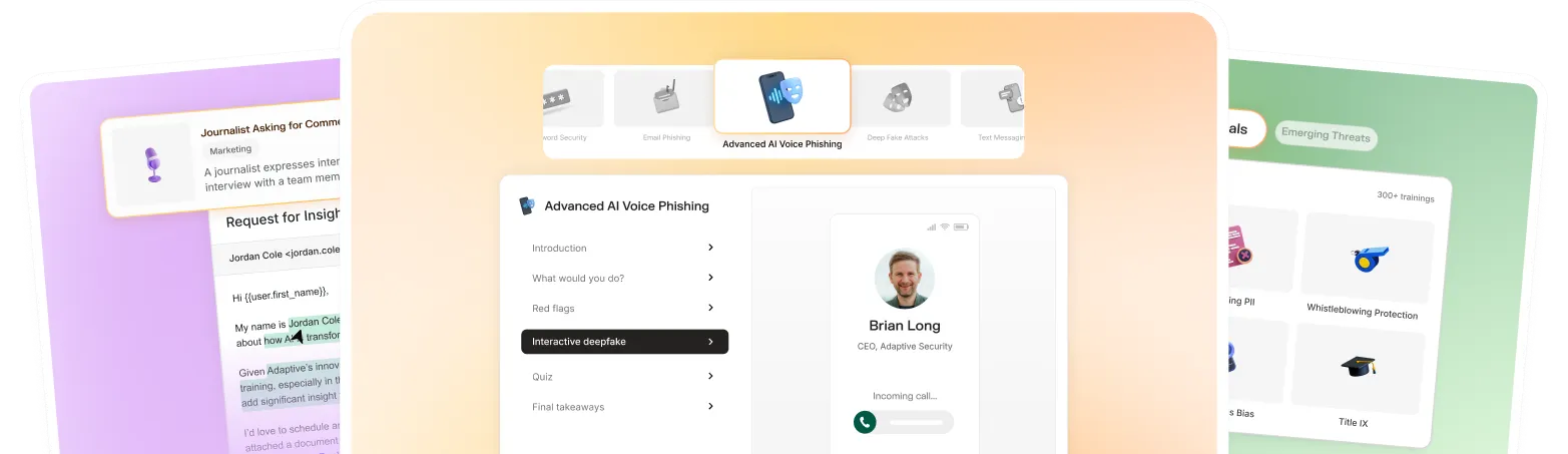 User interface showing cybersecurity training modules, with a focus on advanced AI voice phishing including an interactive deepfake call from Brian Long, CEO of Adaptive Security.